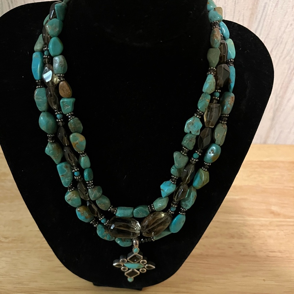 Turquoise and smoky topaz necklace.  15-17”